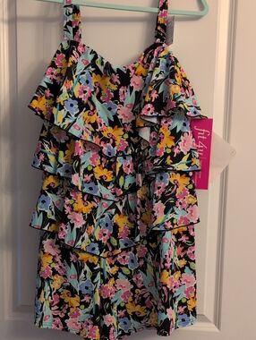 Fit 4 U Floral Tiered Swim Romper - Black with Yellow, Pink & Blue Flowers